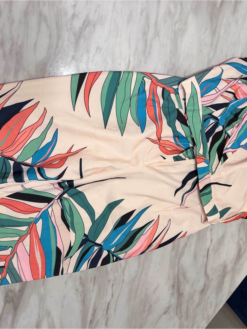 Fashion Nova Strapless Tropical Leaf Dress in Cream, Coral & Teal